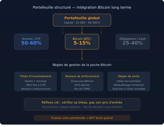 Schéma de portefeuille structuré avec allocation Bitcoin, diversification et règles de gestion