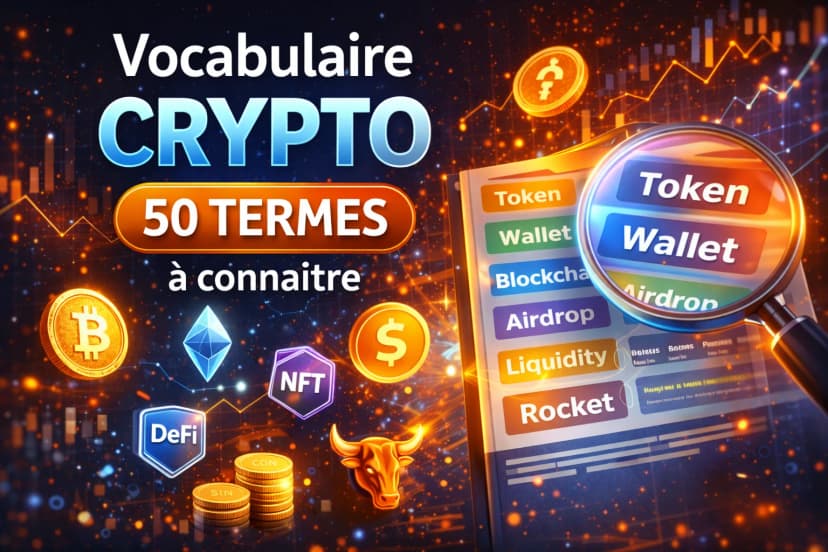 Illustration de l'article Vocabulaire crypto : 50 termes essentiels a connaitre en 2026