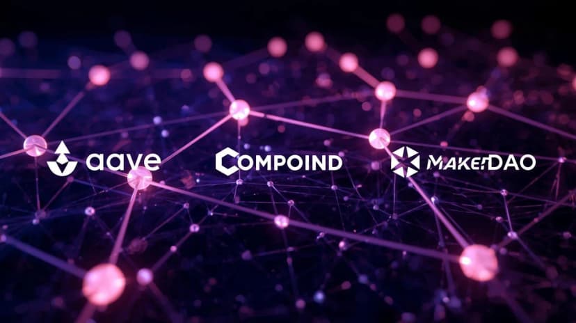 Image de l'article : Aave, Compound, Maker : comparatif des protocoles de prêt DeFi en 2026 Illustration de l'article Aave, Compound, Maker : comparatif des protocoles de prêt DeFi en 2026