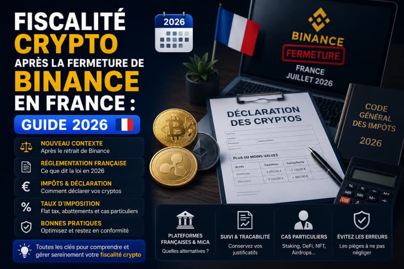 Image de l'article : Fiscalité crypto après la fermeture de Binance en France : guide 2026 Illustration de l'article Fiscalité crypto après la fermeture de Binance en France : guide 2026