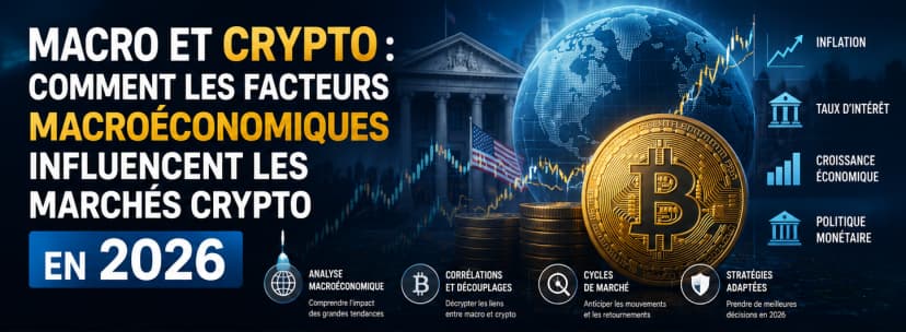Image de l'article : Macro et Crypto : Comment les Facteurs Macroéconomiques Influencent les Marchés Crypto en 2026 Illustration de l'article Macro et Crypto : Comment les Facteurs Macroéconomiques Influencent les Marchés Crypto en 2026