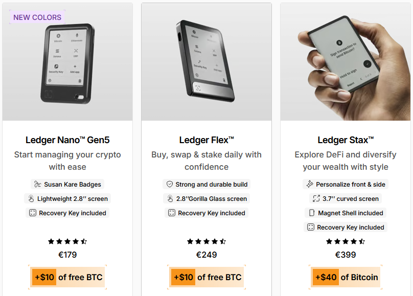 Gamme Ledger Nano Gen5, Flex et Stax avec bonus en Bitcoin offert