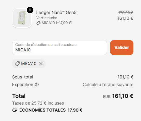 Application du code MICA10 dans le panier Ledger, réduction de 17,90 € sur un Nano Gen5