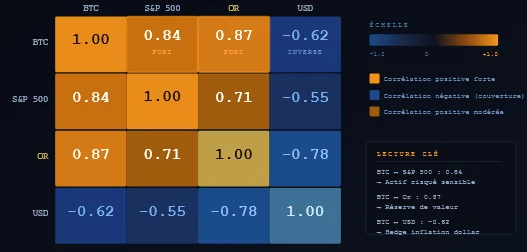 Matrice de corrélation Bitcoin / S&P 500 / or / dollar en 2026 Tableau comparatif corrélations Bitcoin vs actifs traditionnels