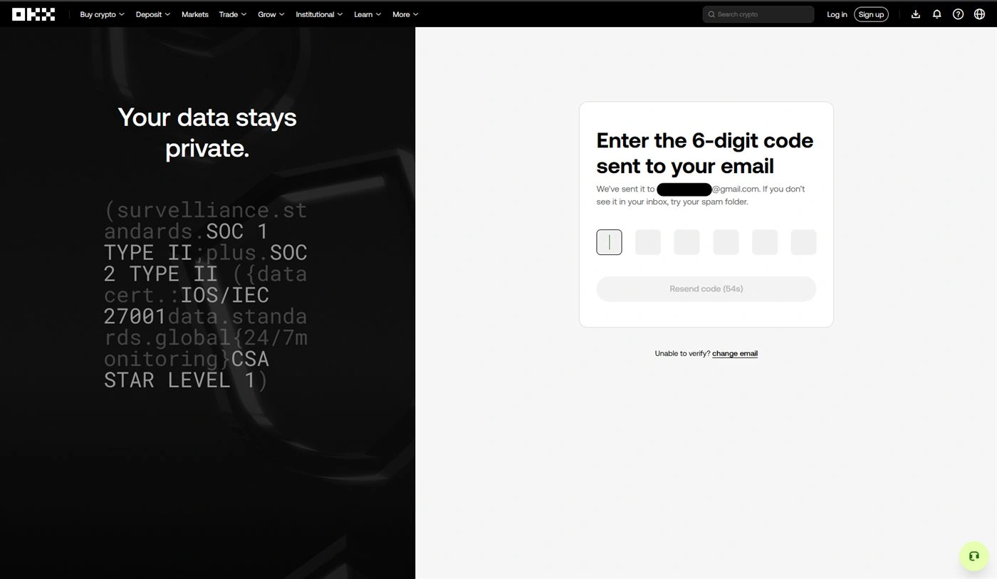 Écran OKX Enter the 6-digit code sent to your email