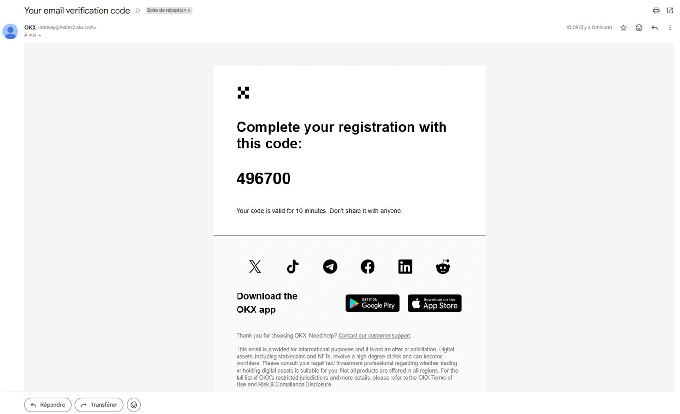 Email OKX Your email verification code avec code 496700