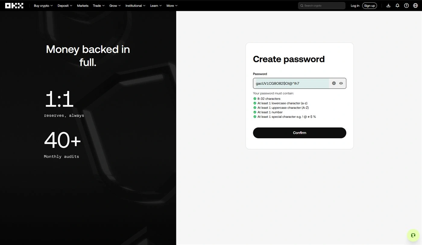 Écran OKX Create password avec les 5 critères cochés en vert