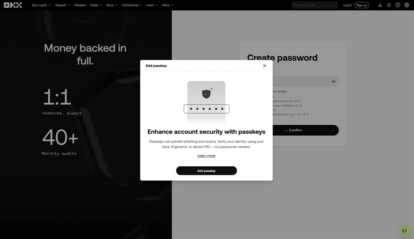 Modal OKX Enhance account security with passkeys