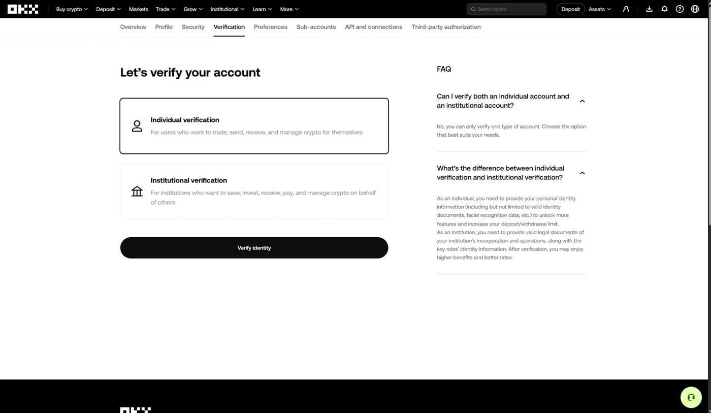 Page OKX Let's verify your account avec Individual sélectionné