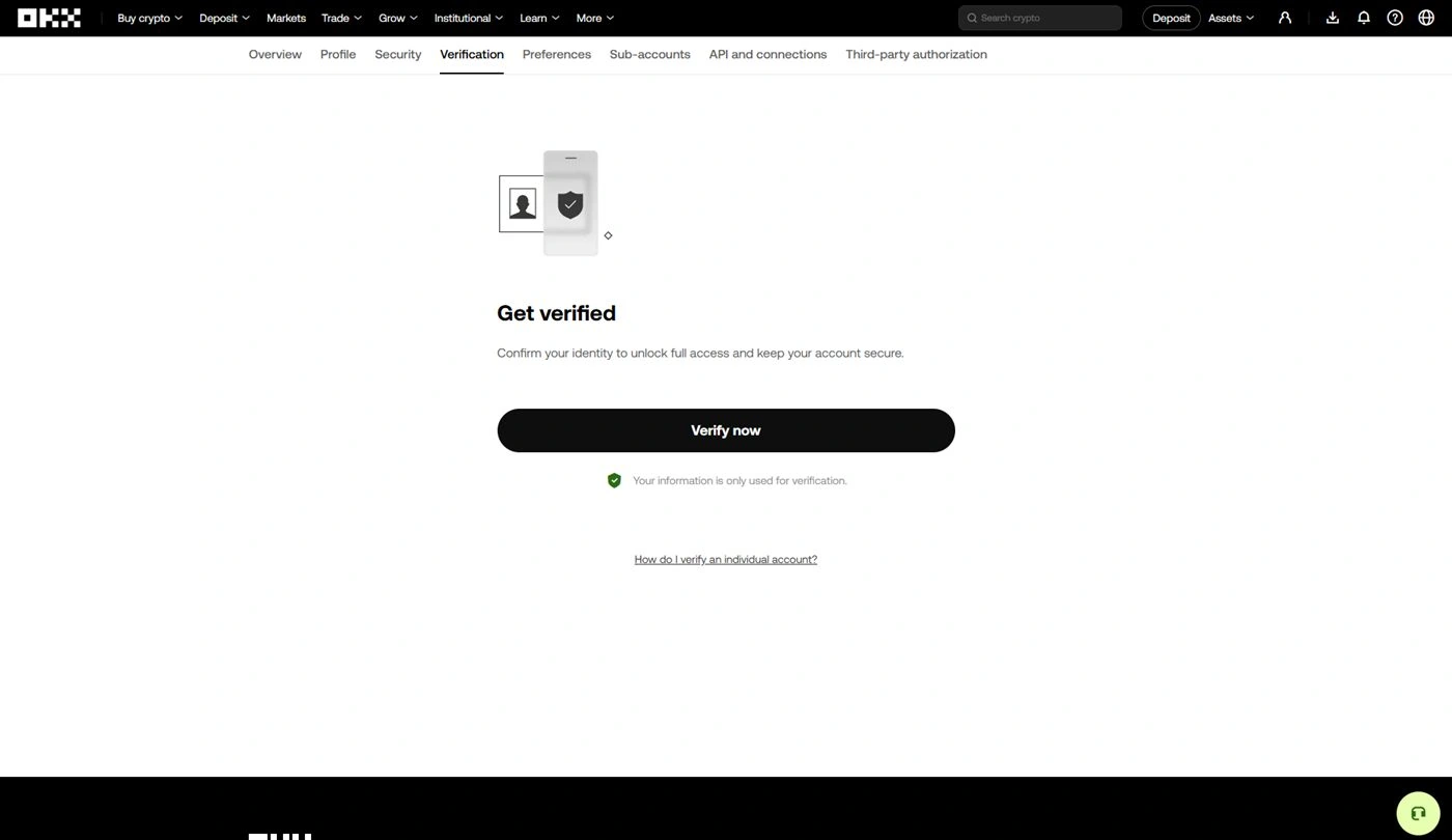 Page OKX Get verified avec bouton Verify now
