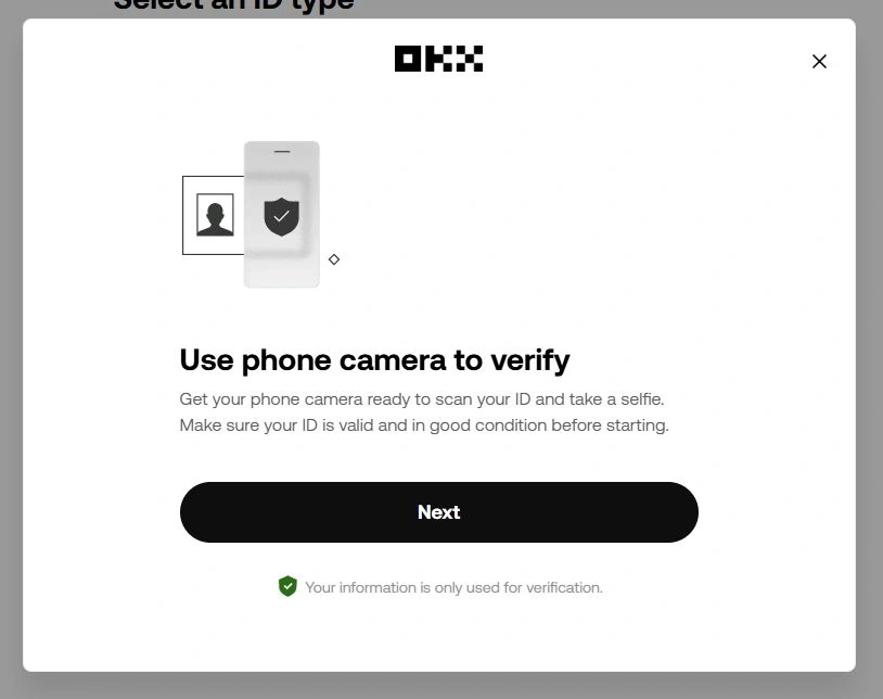 Modal OKX Use phone camera to verify