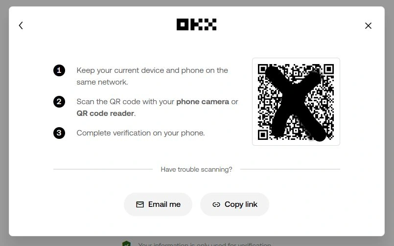 Modal OKX avec 3 étapes et QR code à scanner