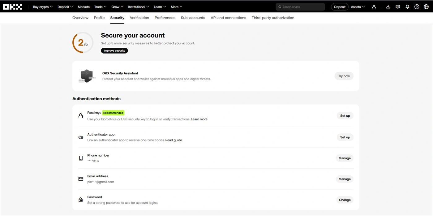 Page OKX Security avec les 5 méthodes d'authentification