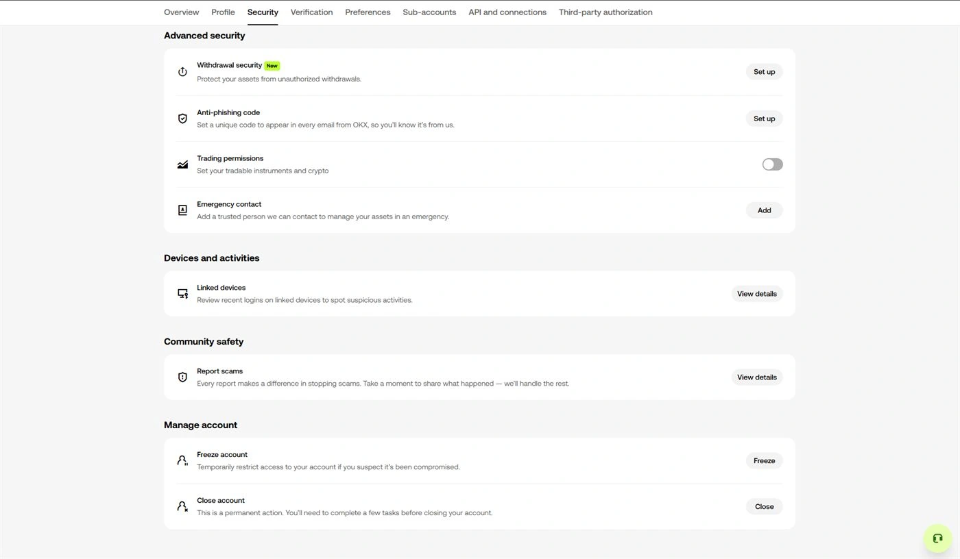 Page OKX Advanced security