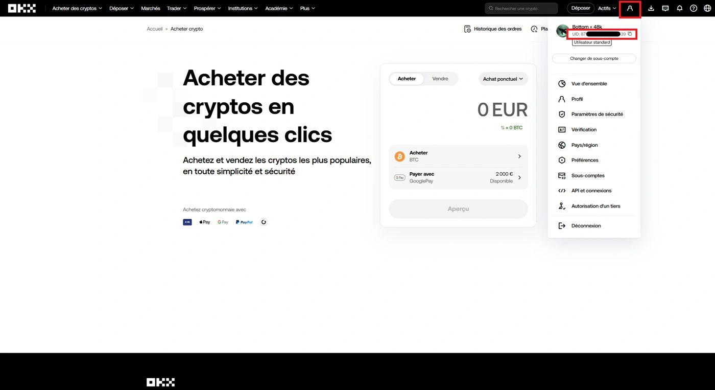 Où trouver son UID OKX dans le menu profil en haut à droite