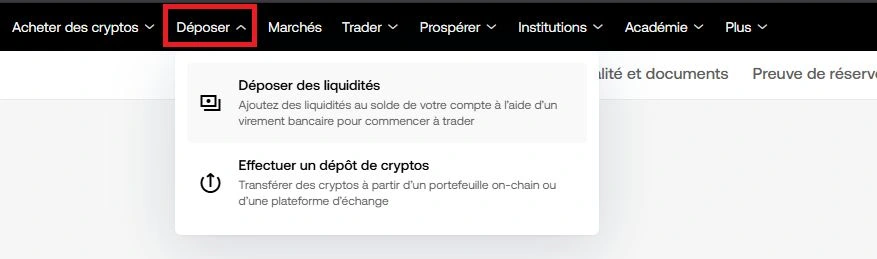 Menu OKX Déposer avec les deux options