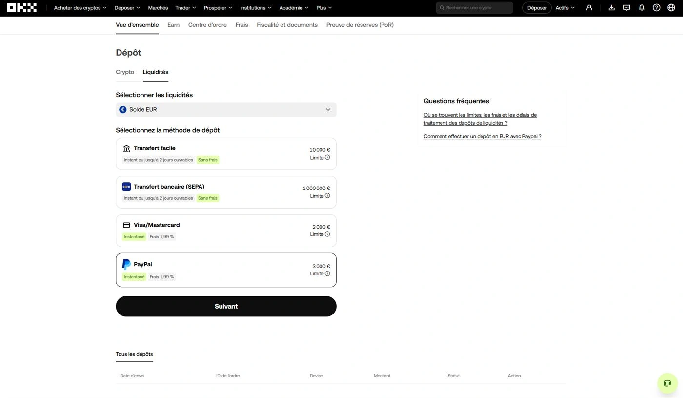 Page Dépôt liquidités OKX avec 4 méthodes