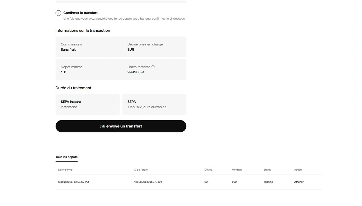 Écran OKX Confirmer le transfert SEPA