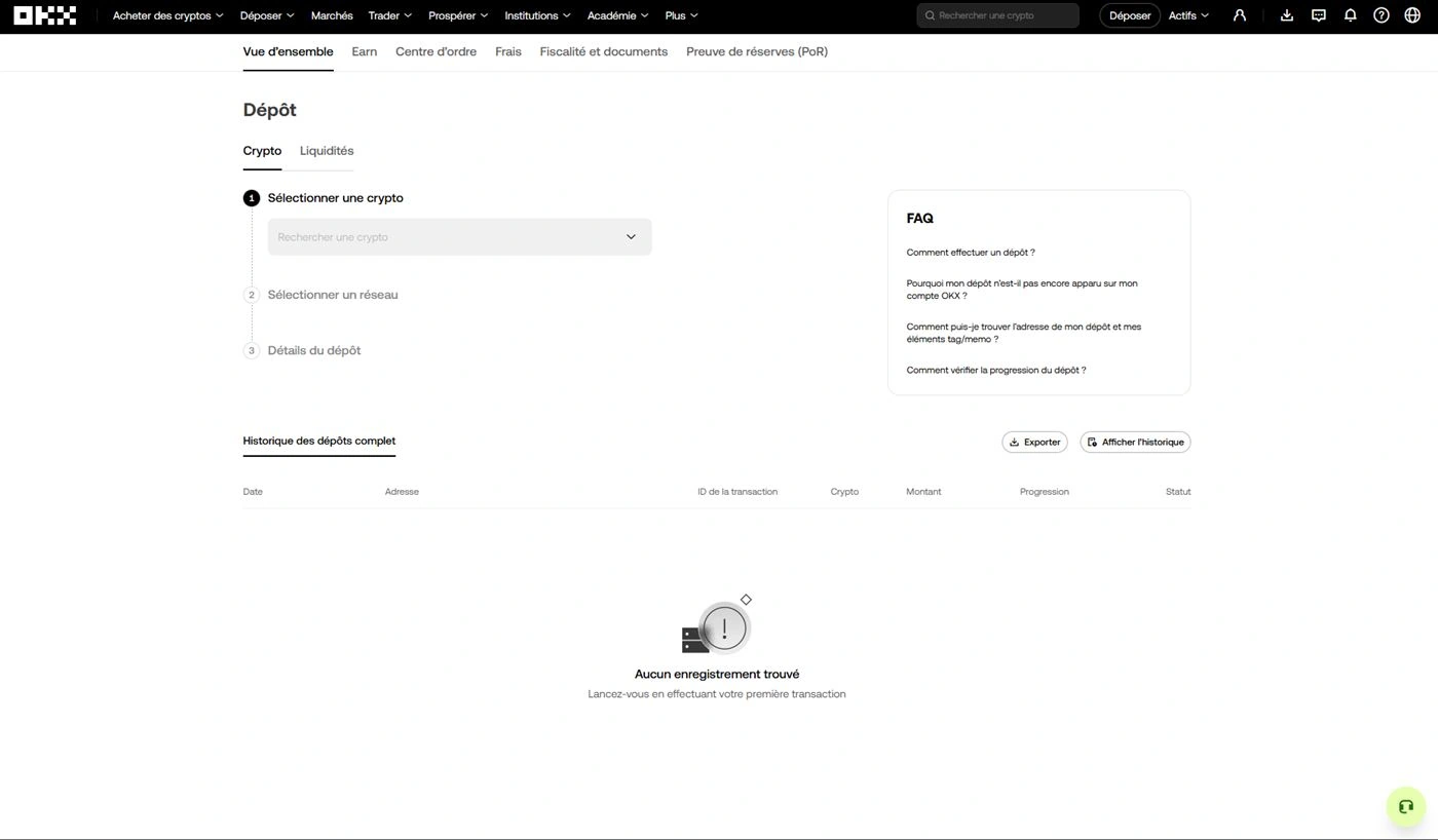 Page Dépôt crypto OKX avec USDC sélectionné et liste des réseaux