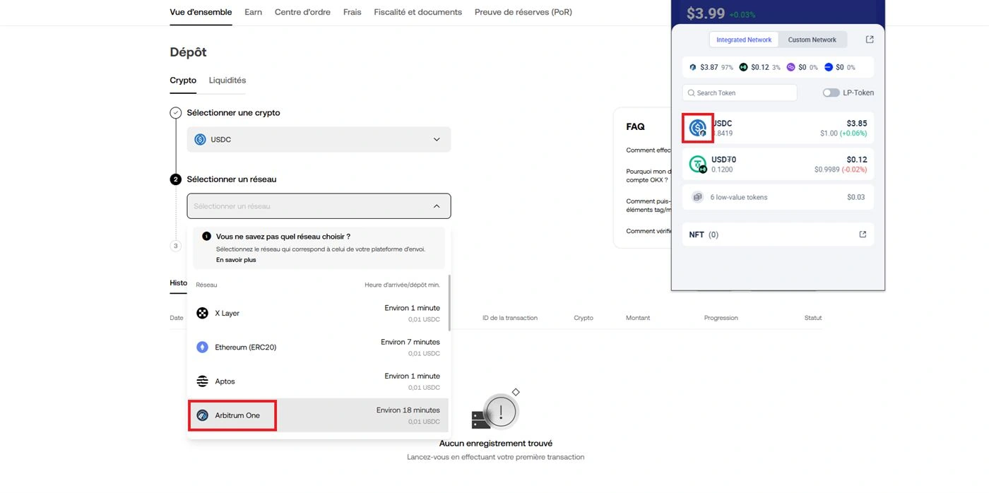 Page dépôt OKX avec USDC Arbitrum One sélectionné, QR + adresse, panneau wallet Web3 à droite
