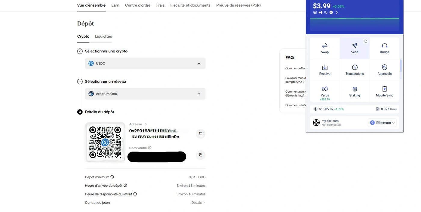 Écran OKX avec QR code et adresse USDC Arbitrum One