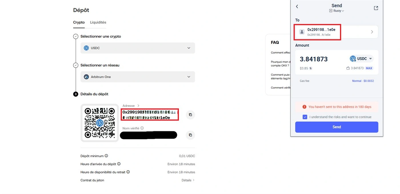 Envoi USDC depuis OKX Wallet Web3 vers OKX exchange