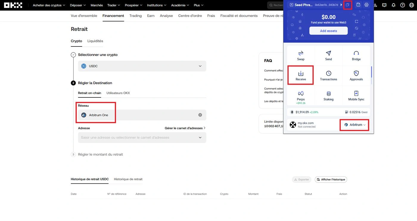 Page Retrait OKX onglet Crypto avec sélection USDC, Retrait on-chain et Arbitrum One