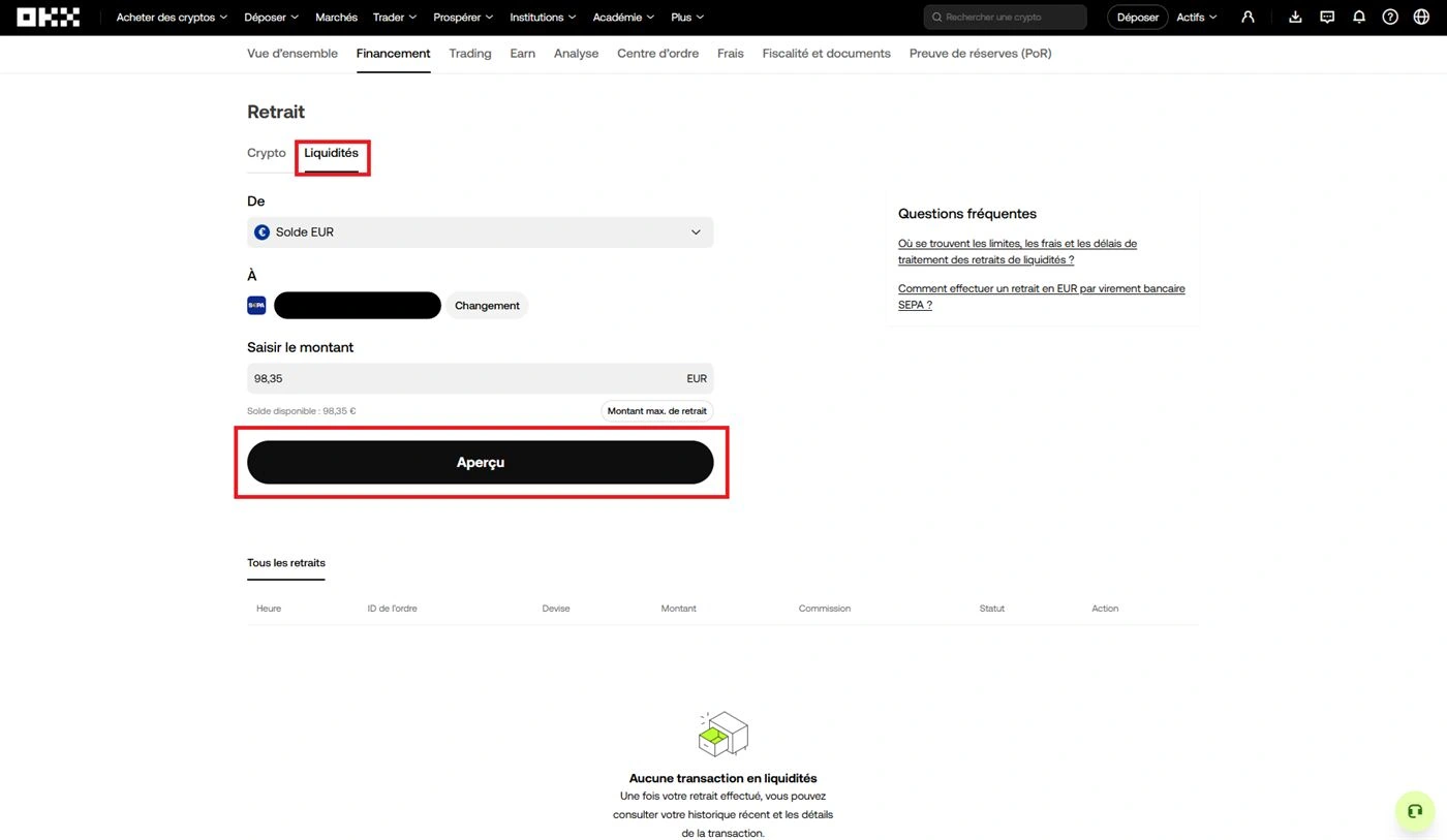 Page Retrait OKX onglet Liquidités avec Solde EUR, IBAN et montant