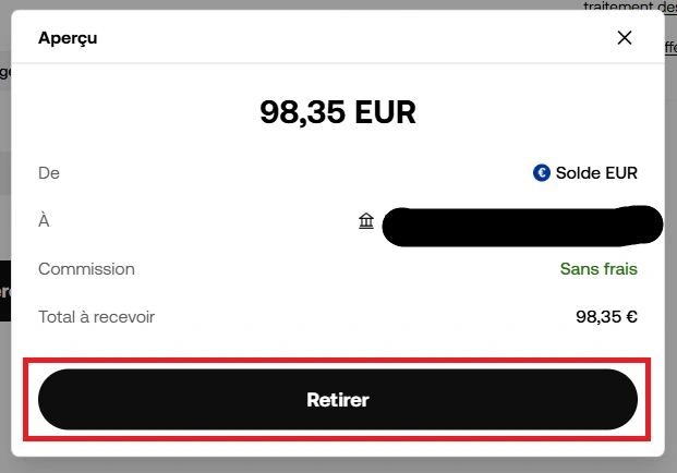 Aperçu retrait OKX 98.35 EUR de Solde EUR vers IBAN, Sans frais, bouton Retirer