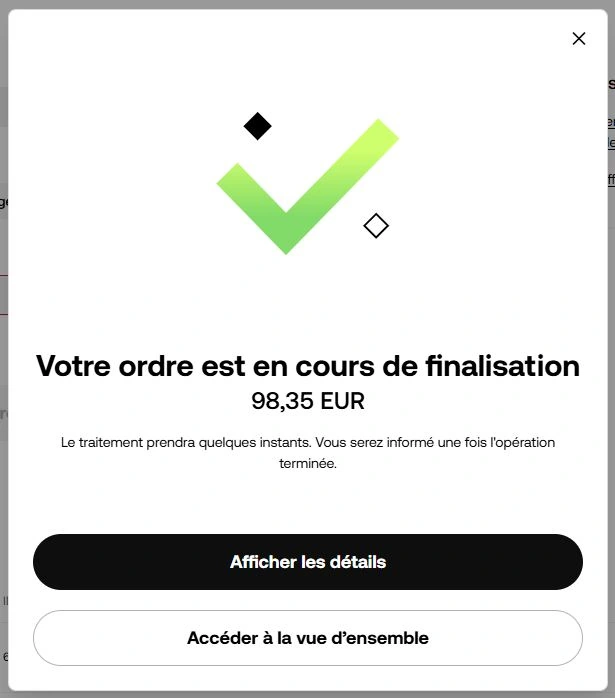 Confirmation OKX Votre ordre est en cours de finalisation 98.35 EUR