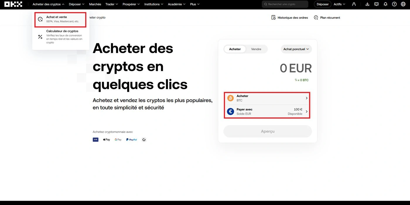 Menu OKX Acheter des cryptos avec panneau achat rapide