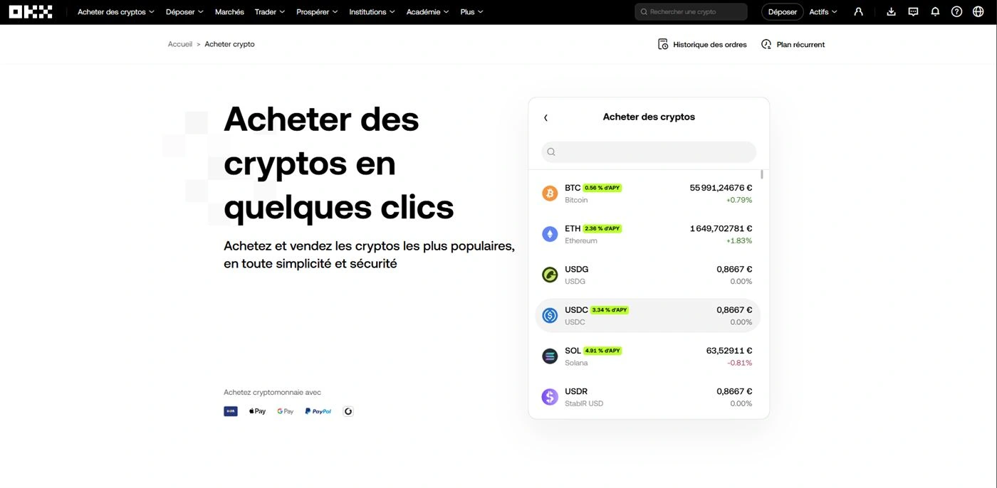 Liste OKX de cryptos avec APY affichés