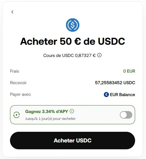 Aperçu OKX Acheter 50€ USDC, 0 EUR de frais