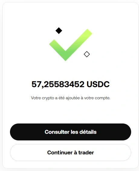 Confirmation OKX 57.25 USDC ajoutés