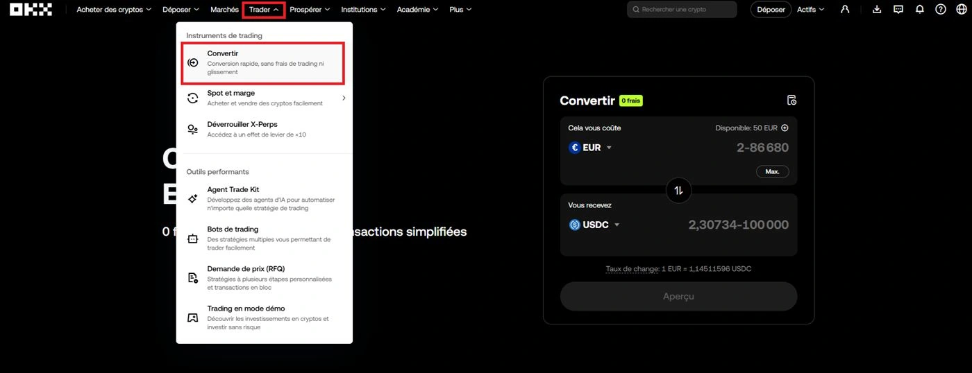 Menu Trader avec Convertir + panneau EUR vers USDC