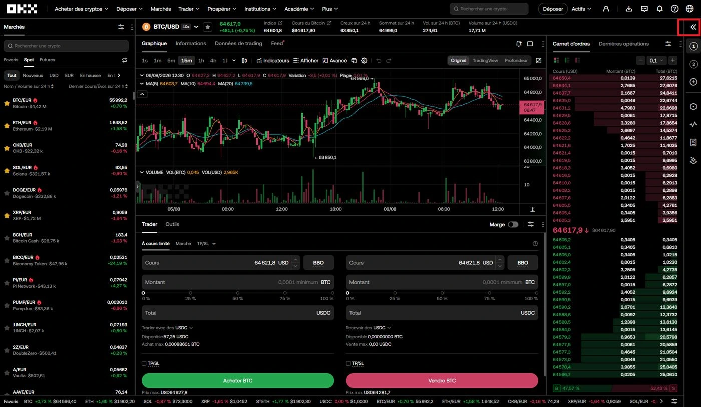 Interface OKX Spot BTC/USD complète avec bouton pour masquer marchés encadré en rouge