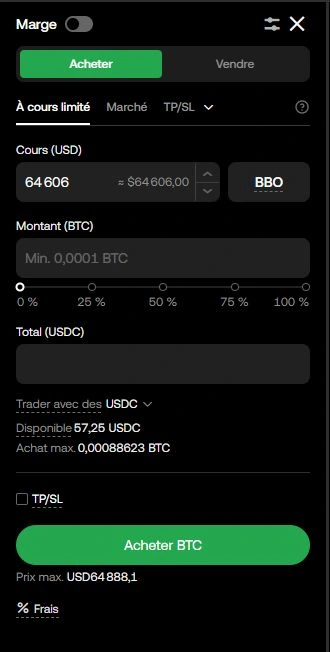Panneau Acheter OKX à cours limité avec cours BTC et montant