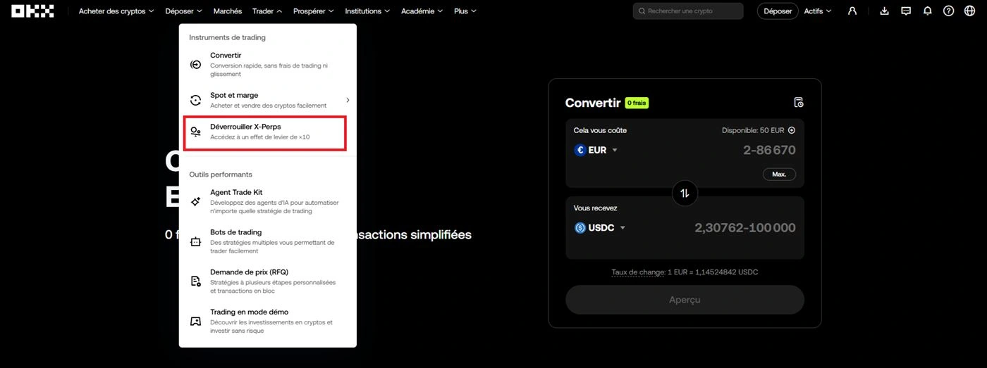 Menu Trader OKX avec Déverrouiller X-Perps