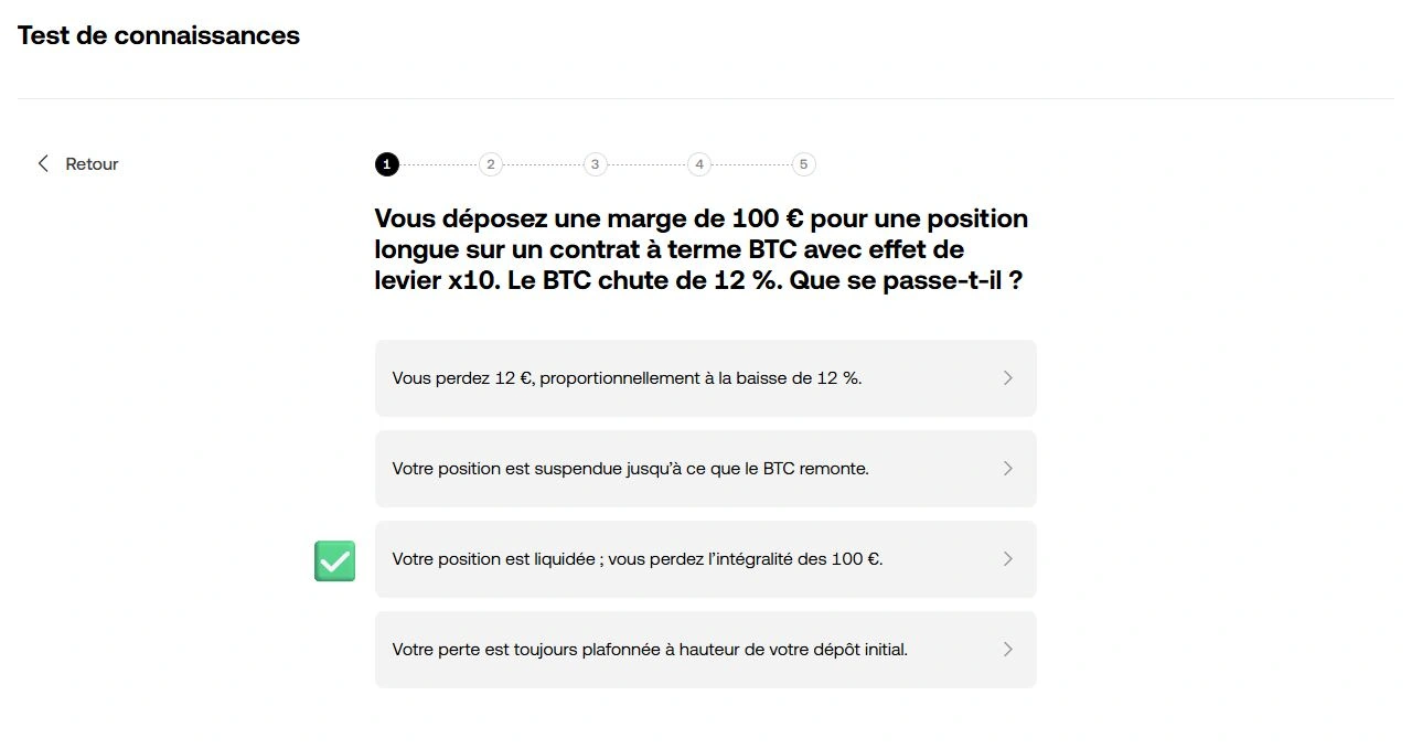 Question test OKX position longue 100€ levier x10 BTC chute 12%