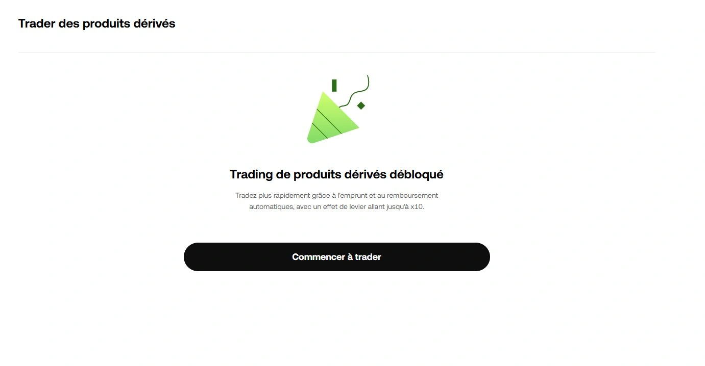 Page OKX Trading de produits dérivés débloqué avec bouton Commencer à trader
