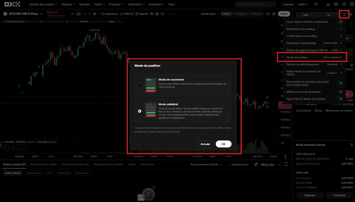 Modal OKX Mode de position avec Mode de couverture vs Mode unilatéral