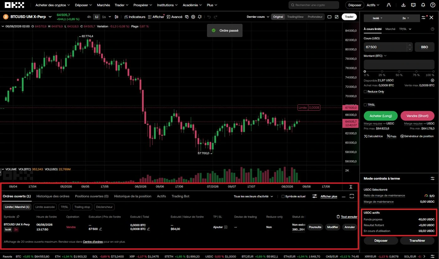 Interface X-Perp avec ordre limit vente 67500 et tableau des ordres