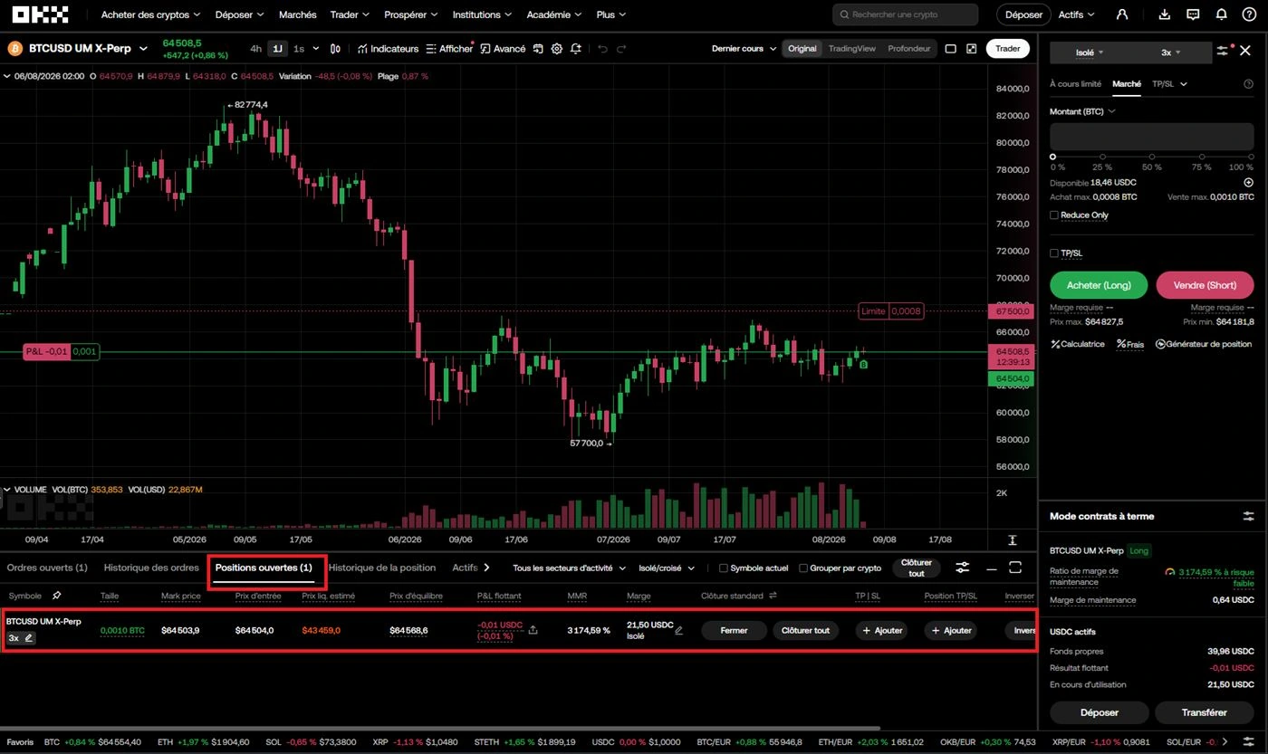 Tableau Positions ouvertes X-Perp Long BTCUSD 3x avec toutes les métriques