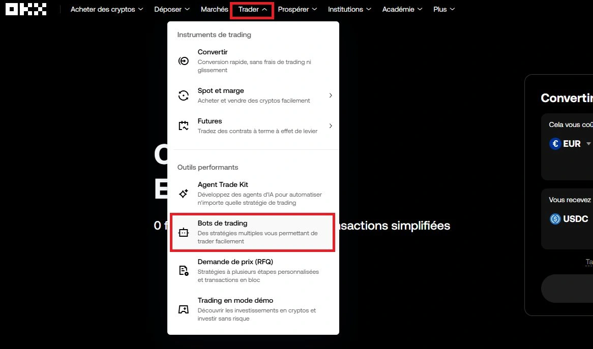 Menu OKX Trader avec la rubrique Bots de trading et sous-menus Grid, DCA