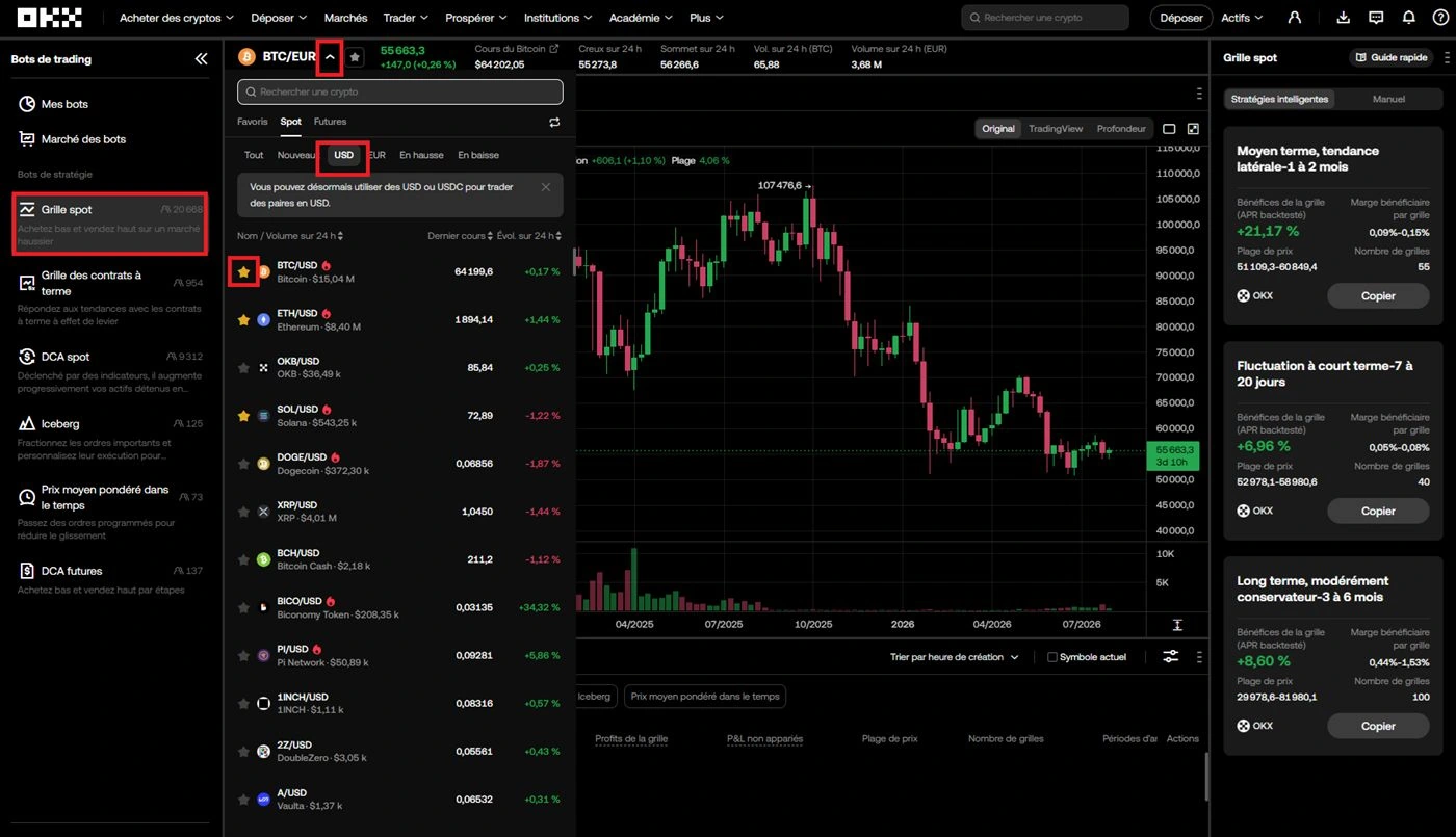 Page OKX Grid Bot avec graphique et devise USD