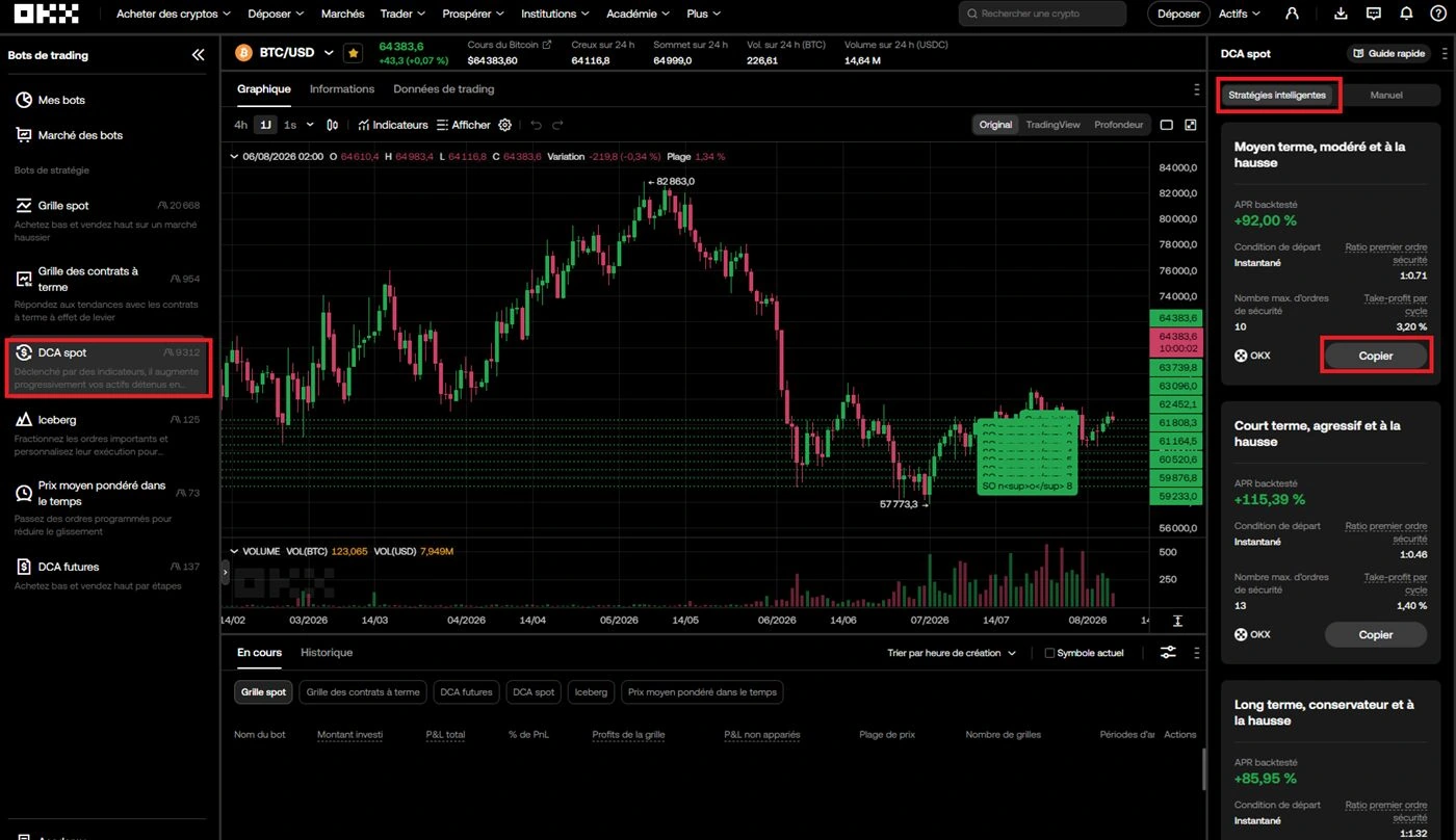 Page OKX DCA Bot avec setups intelligents préconfigurés