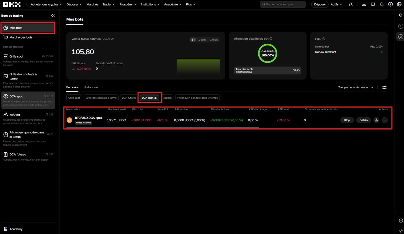 Dashboard OKX de gestion des bots DCA avec P&amp;L, ordres et menu
