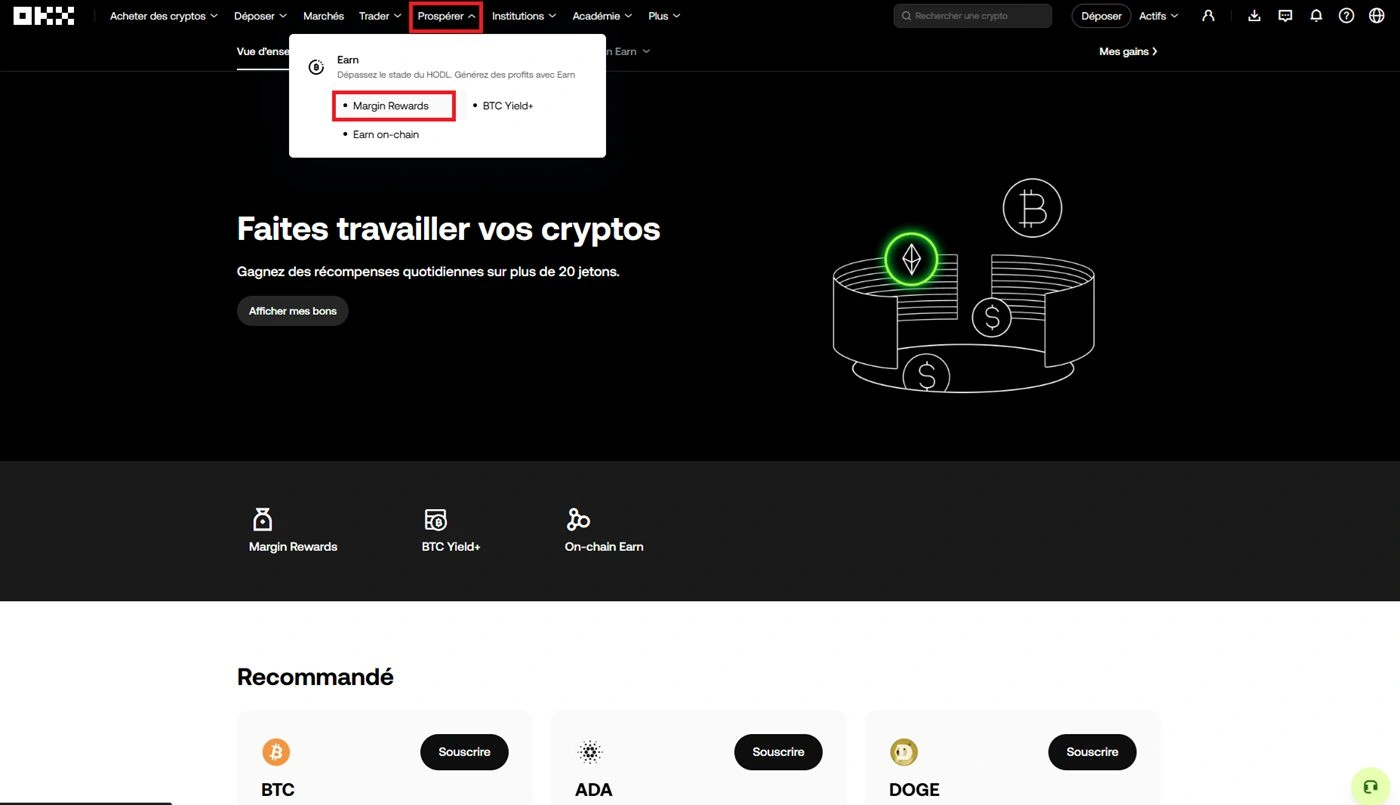 Menu OKX Prospérer avec Earn et Margin Rewards