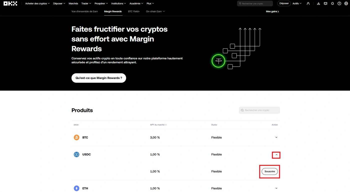 Liste OKX des cryptos éligibles Margin Rewards avec APR/APY