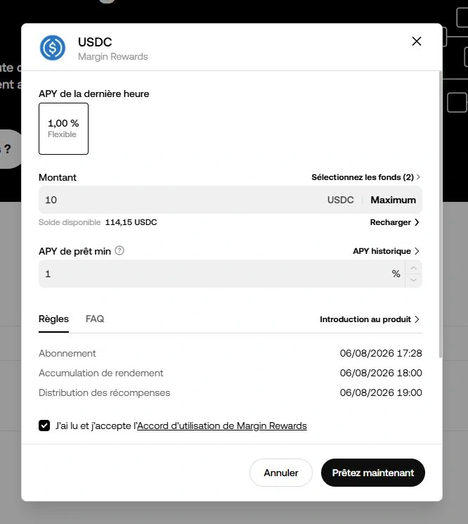 OKX écran de confirmation dépôt Margin Rewards avec montant